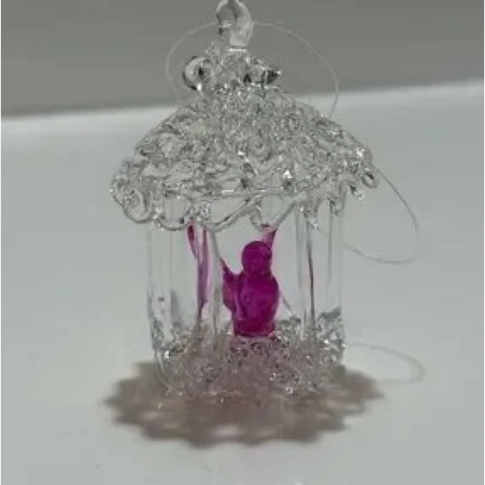 Pink Glass Bird Ornament in Decorative Cage - Pets Bird